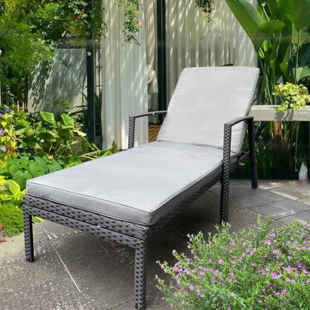 Lisonu Outdoor Patio Chaise Lounge, All-Weather Wicker Rattan Recliner with 5 Positions & Cushion, Poolside Lounge Chair for Backyard & Garden, 400lb Capacity, Grey