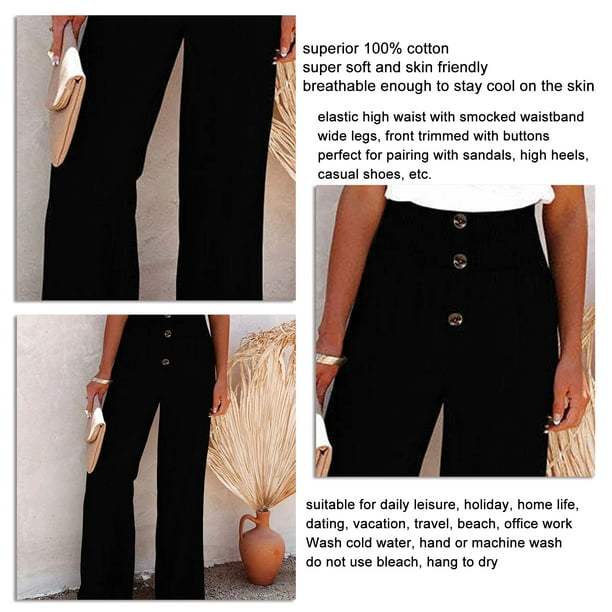 Wide Leg Elastic Waist Trousers, Button Trim Wide Leg Pants Elastic  Waistband Bottoms Cotton Solid Color Breathable Loose Fitting For Daily  Life