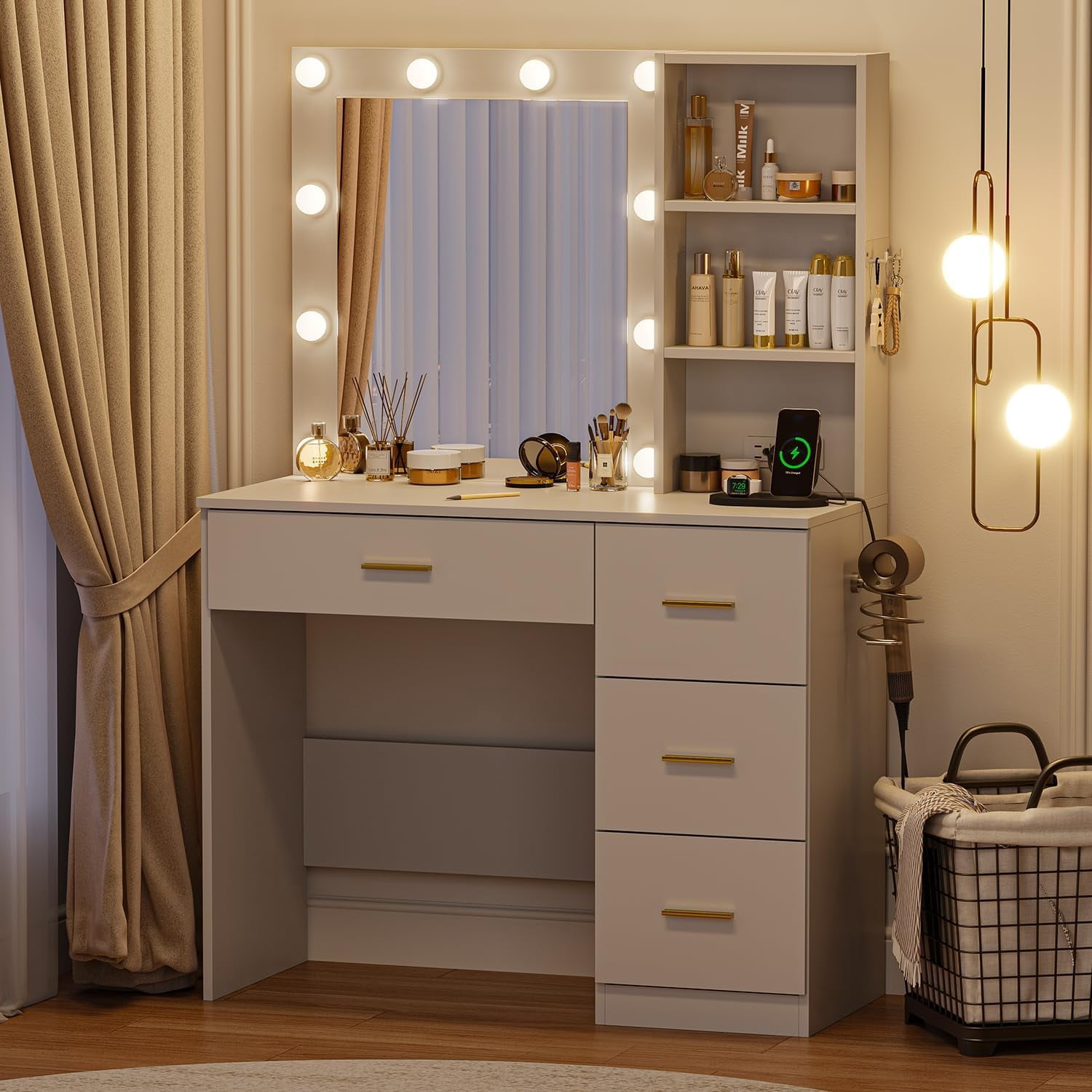 Raffle Pinker Makeup Vanity Desk Dressing Table with 4 Drawers,Storage Shelves,Power Outlet,White