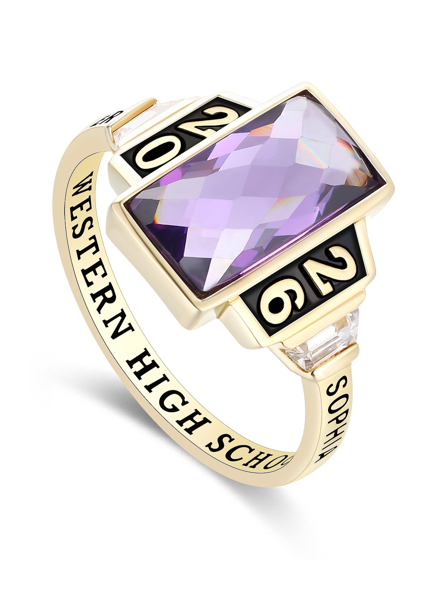 Mementos USA Custom Sterling Silver Class Ring for Women High School College-Gold-Checkboard