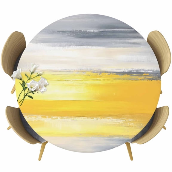Yellow Gray Table Cloth, Round Fitted Tablecloths with Elastic Edge, Modern Abstract Oil Painted Art Wipeable Waterproof Table Cover for Kitchen Wedding 36-44 Inches