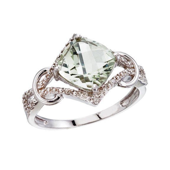 14K White Gold Green Amethyst and Diamond Cushion Ring