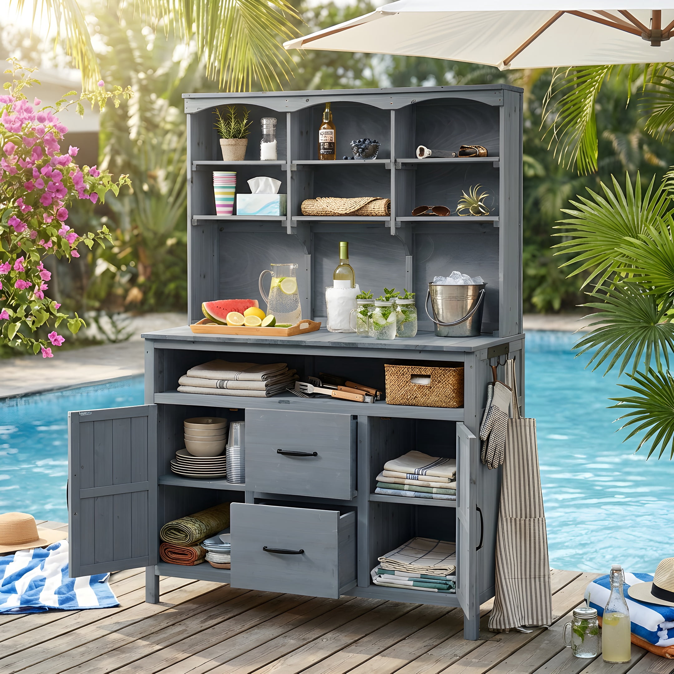 Mintazer Outdoor Potting Bench with Cabinets, 65"H Multi-Functional Patio Kitchen Island with 2 Drawers & Hooks, Large Countertop for Gardening Grill, Gray