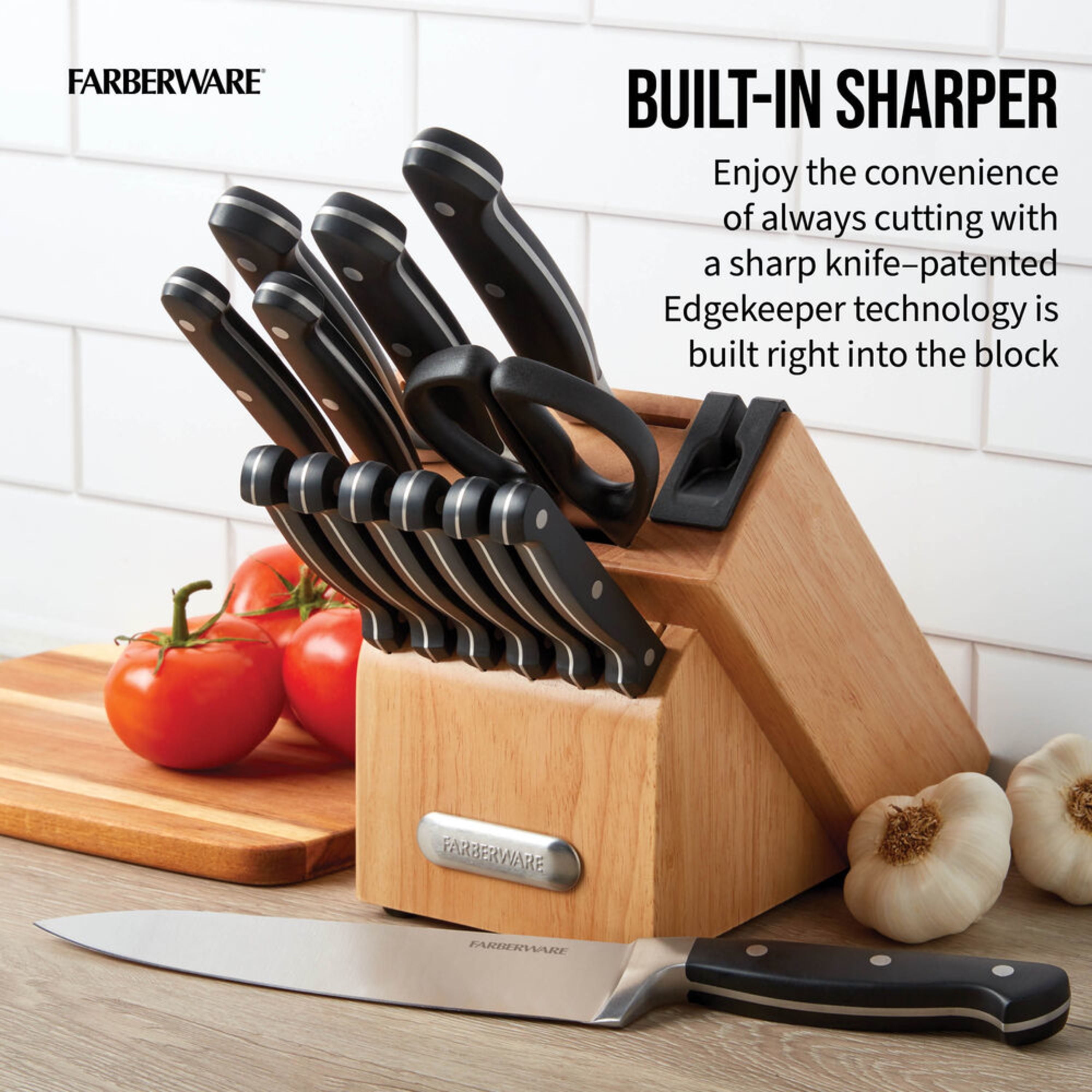 Farberware Edgekeeper Triple Riveted Slim Knife Block Set with Built in Sharpener, 14-Piece, Navy