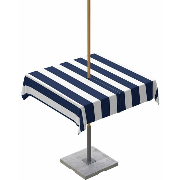 Nautical Navy Blue White Stripes Square Tablecloth with Zipper,Waterproof Table Cloth with Umbrella Hole Patio Tablecloths for Outdoor Tables,Simple Geometric Art Washable Spillproof Table Cover