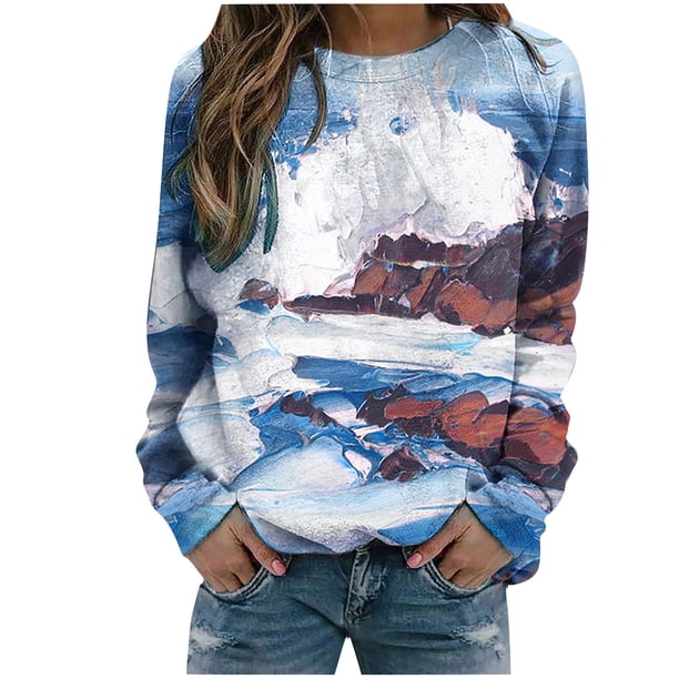 Camiseta de manga larga con cuello redondo y estampado navideño informal para mujer Pompotops gfhjh8283