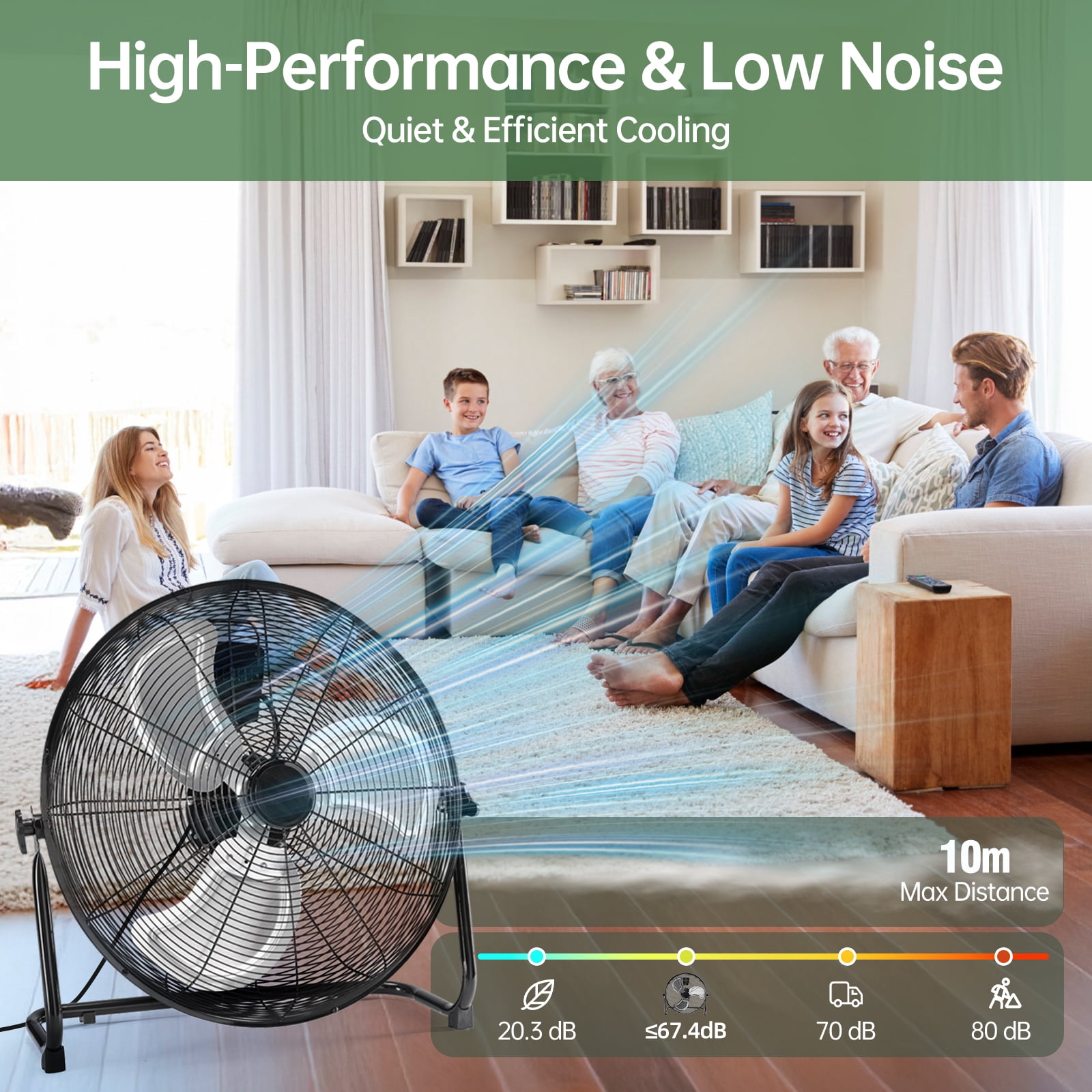 Gianna 20" High Velocity Industrial Floor Fan, 3-Speed Heavy Duty Metal Air Circulator with 120° Tilt Head, Black