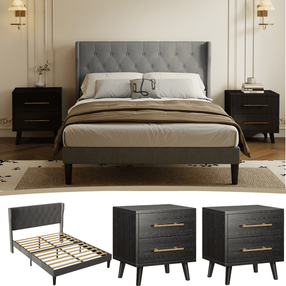 Noelse 3-Piece Bedroom Furniture Set, Full Size Bed Frame with Upholstered Headboard & 2 Nightstands, Under Bed Storage, Noise-Free, Gray and Black