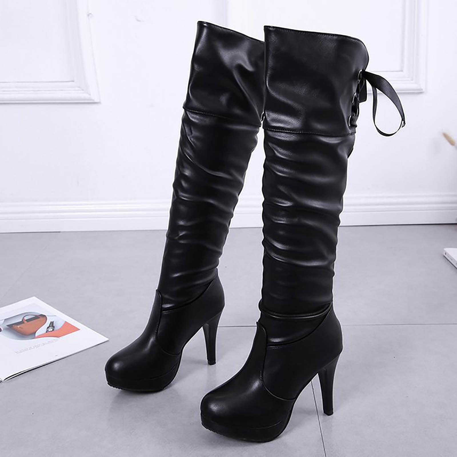 Adult Women Shoes Women Boots with Heels Knee High Ladies and Knee Boots High Heeled Shoes Leather Boots for Women Female Shoes Black 6.5 Walmart