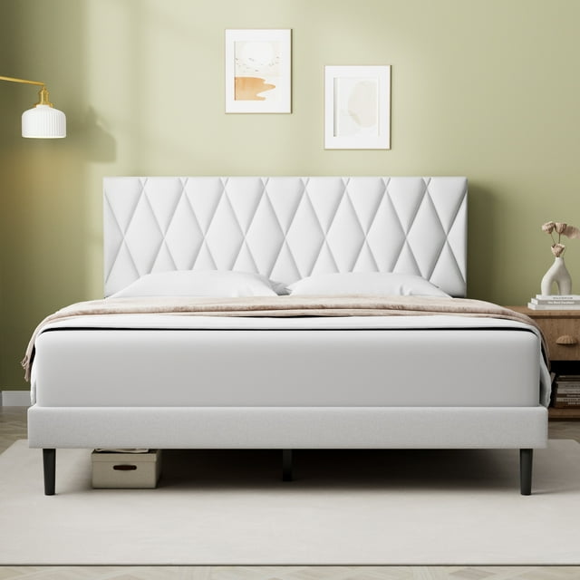 Cadre de Lit Double, Lit Plateforme Format Double avec Tête de Lit Rembourrée en Tissu, Blanc