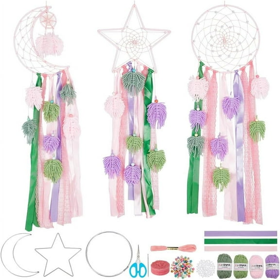 DIY Moon Sun Star Dream Catcher Kit 3 Set Pink Crystal DIY Dream Catcher Macaron Handmade Vintage Dream Catcher DIY Craft Wall Art Hanging Home Wedding Party Women Bedroom Decor