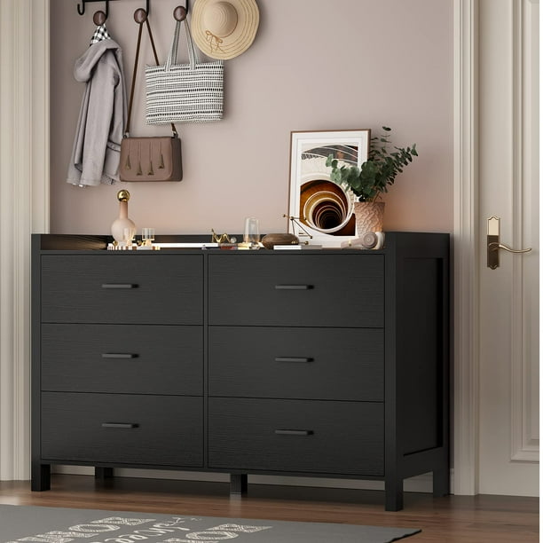 6 Drawer Double Dresser with LED Lights, Black Storage for