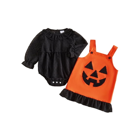 RUINIXCW Baby Girls 2Pcs Halloween Outfits Long Sleeve Romper Pumpkin Overall Dress Set Newborn Clothes Cosplsy