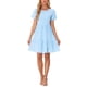 thumbnail image 1 of Vestido corto de manga corta con estampado de cuadros para mujeres, cuello redondo, cintura alta, vestido casual en capas, M azul, 1 of 6