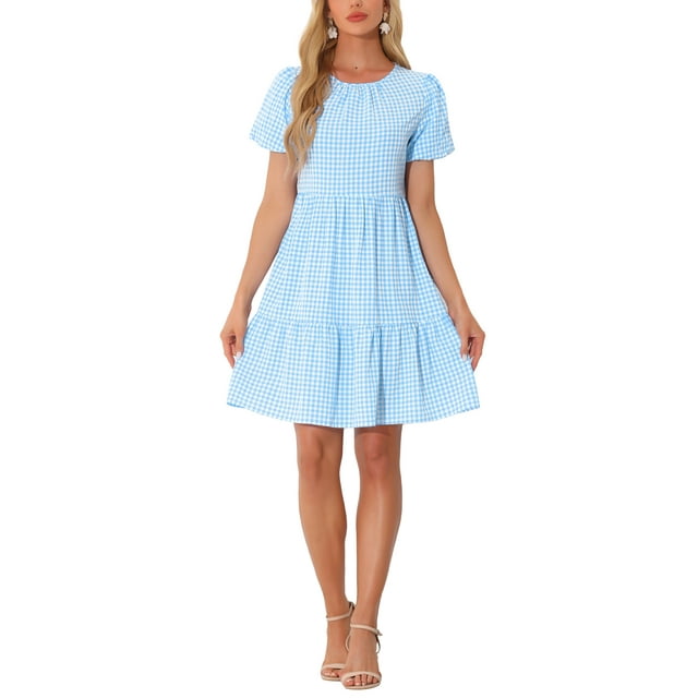 Vestido corto de manga corta con estampado de cuadros para mujeres, cuello redondo, cintura alta, vestido casual en capas XS azul