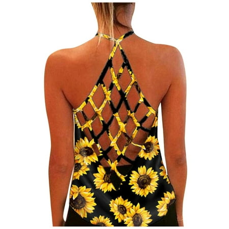 

LBECLEY Halter Top Women Womens O-Neck Blouse Top Vest Fashion Print Sunflower Sleeveless Tank Women s Blouse Cotton Dress Shelf Bra Yellow Xxxl