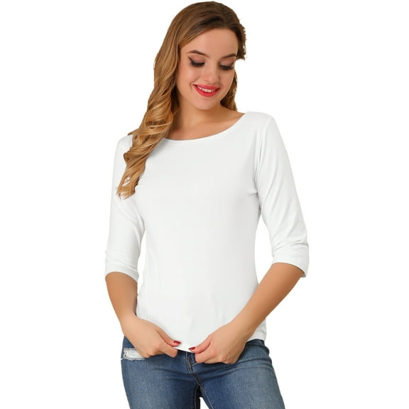 DARING DIVA Women's Elbow Sleeves Boat Neck Slim Fit Classic Tee L White