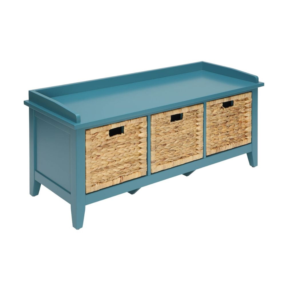 Teal Wood Storage Bench with Rattan Baskets