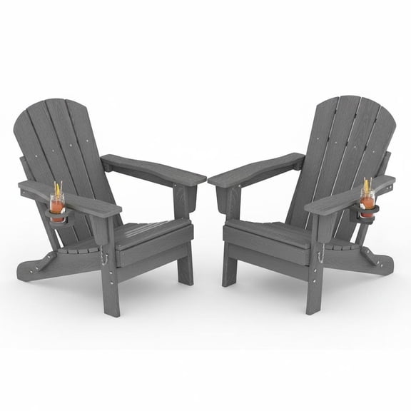 2-Piece Folding Adirondack Chair Set, All-Weather HDPE Outdoor Fire Pit Chairs with Wood Grain Texture and Cup Holder for Patio, Deck and Garden, Gray