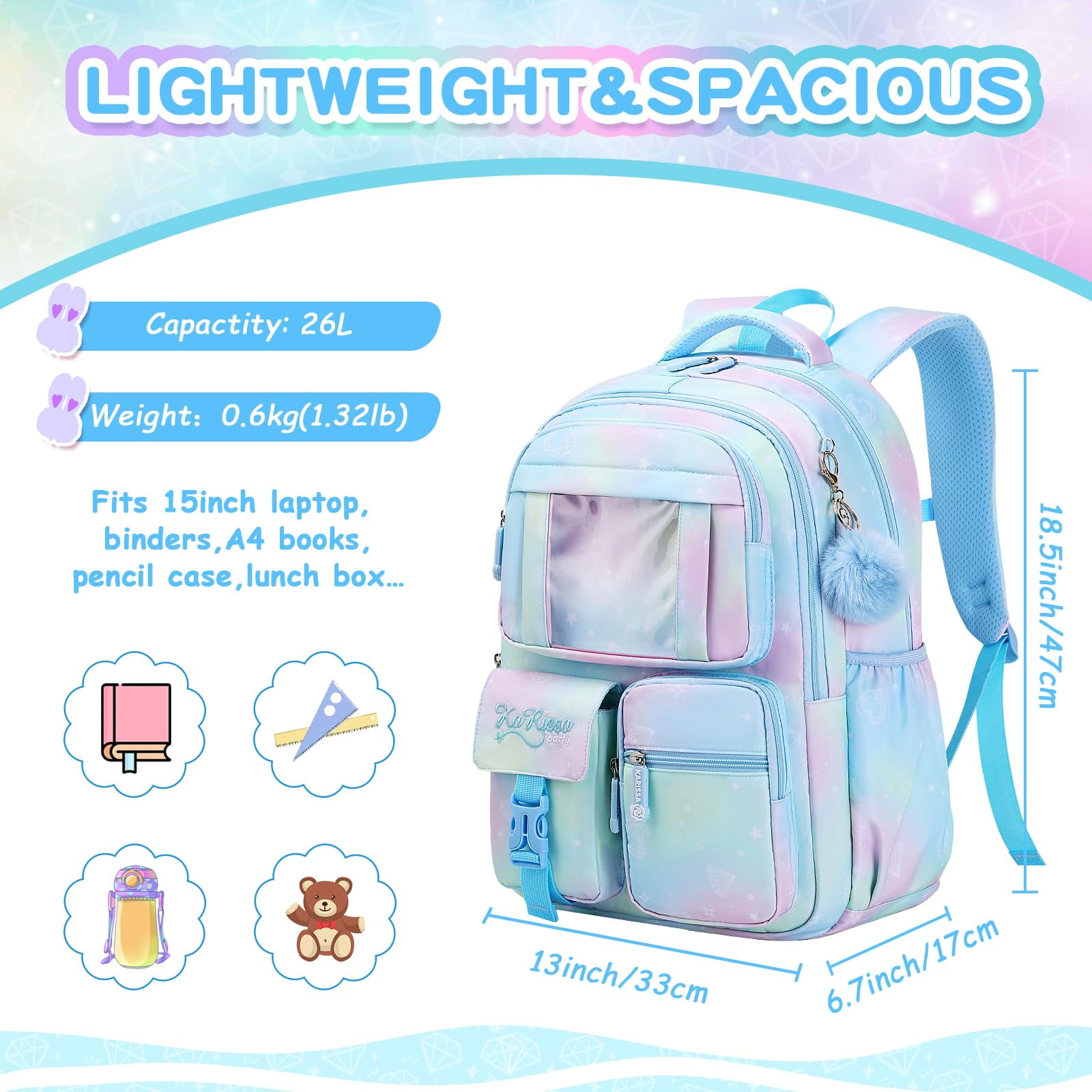 Soda Candy Backpacks for Girls Kawaii Ita Kids Backpack Water Resistant Lightweigt Students Bookbag for Elementary Primary Middle School, Blue