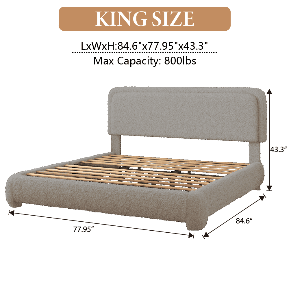 VIPLOV King Size Boucle Bed Frame, Cloud Upholstered Platform Bed with Height Adjustable Headboard & Soft Rounded Corners, No Noise Free, Easy Assembly.light gray