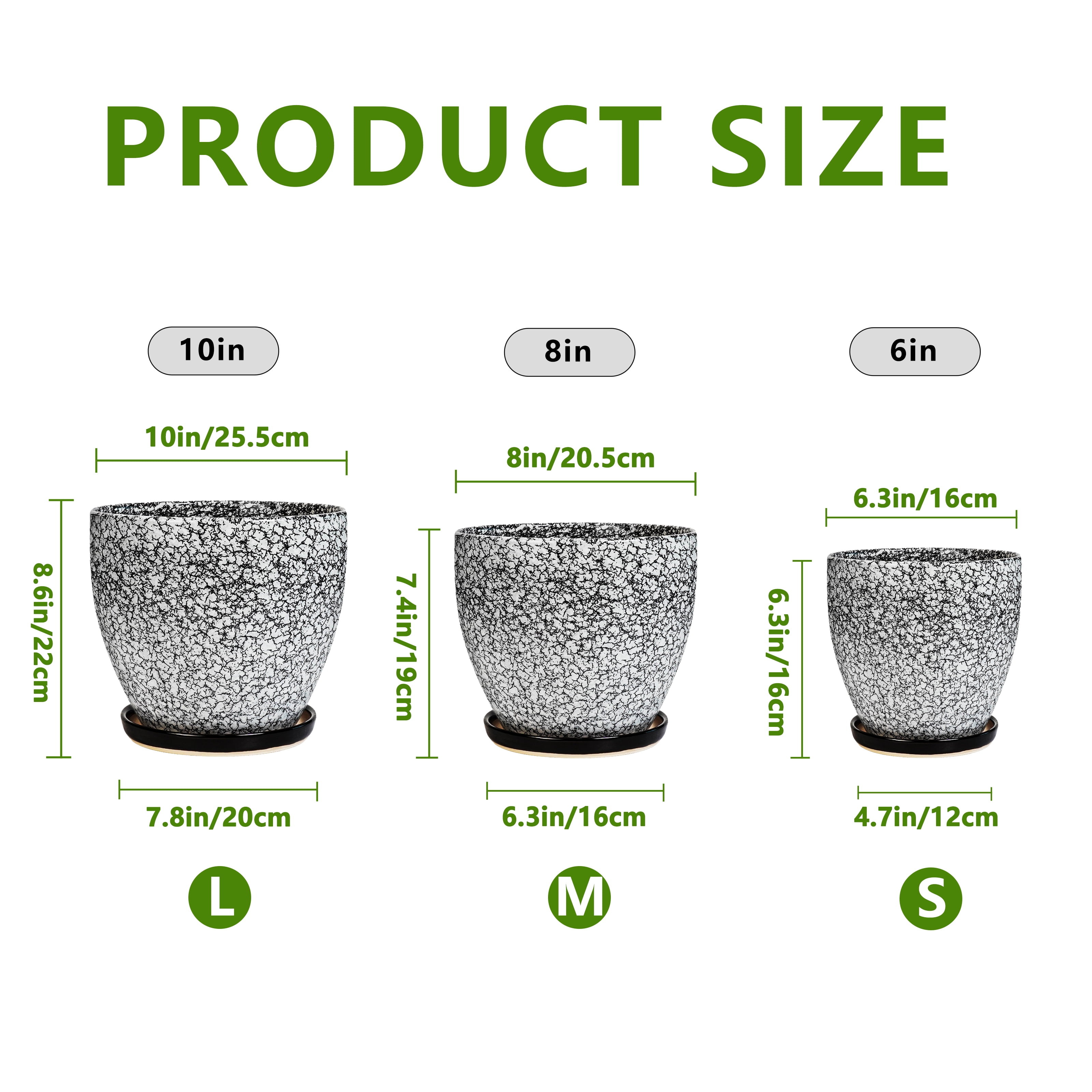 EPFamily 6 8 10 inch Black Ceramic Planter Pots Set of 3 with Drainage Holes and Saucers – Wood Crackle Finish for Indoor Plants, ZZ Plant, Snake Plant, Succulents
