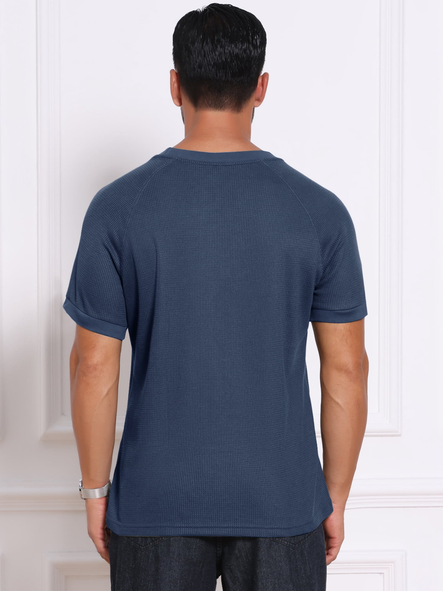 DARING DIVA Men's Waffle Fabric Classic Crew Neck Raglan Short Sleeves 2XL Navy Blue