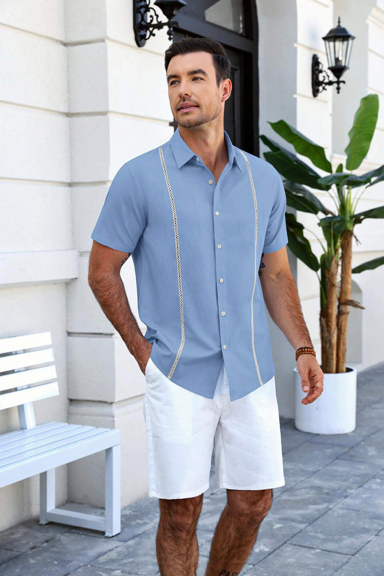 COOFANDY Men's Button Up Shirts Casual Short Sleeve Stripe Shirt for Men Casual and Office Wear