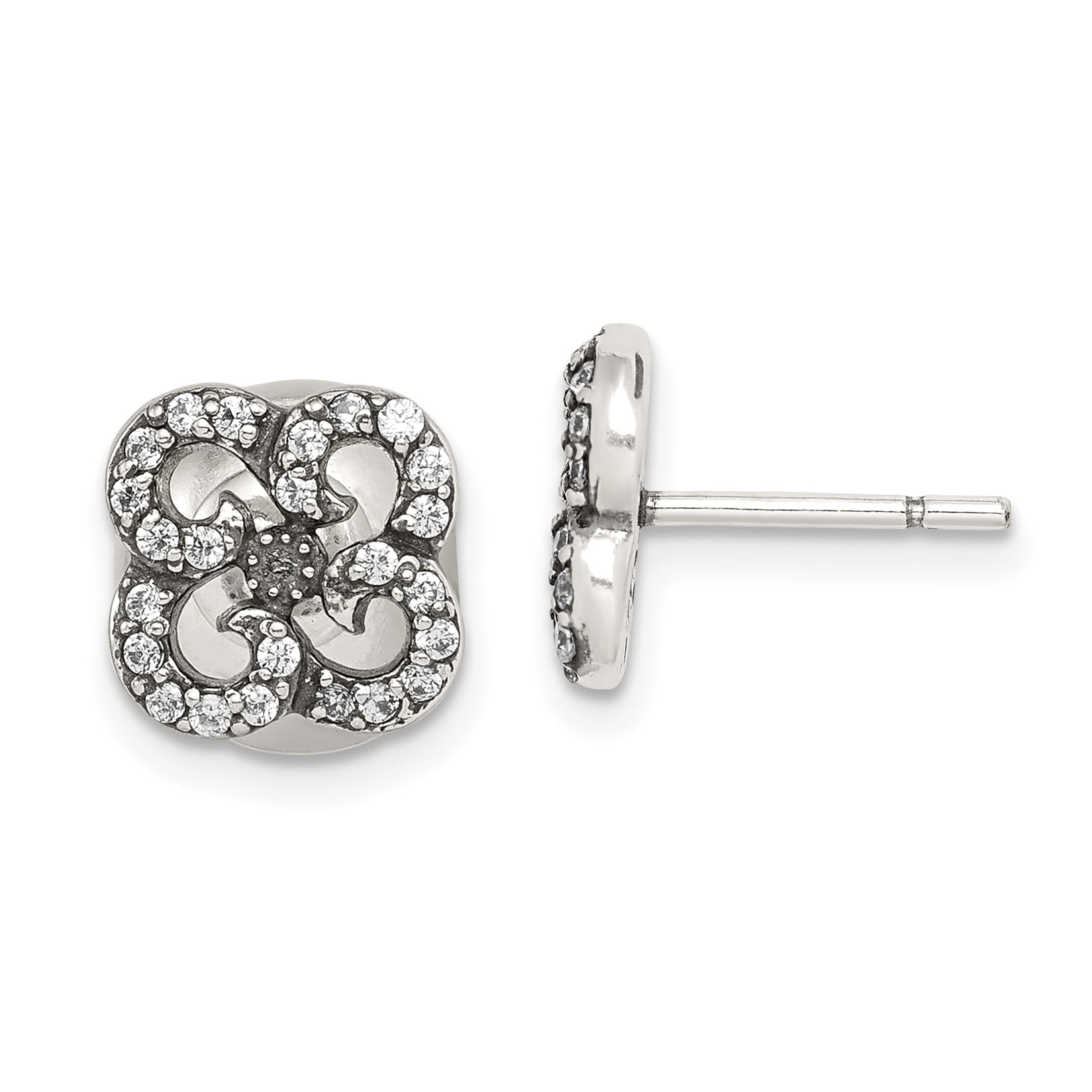 Sterling Silver Antiqued CZ Flower Front & Back Post Earrings
