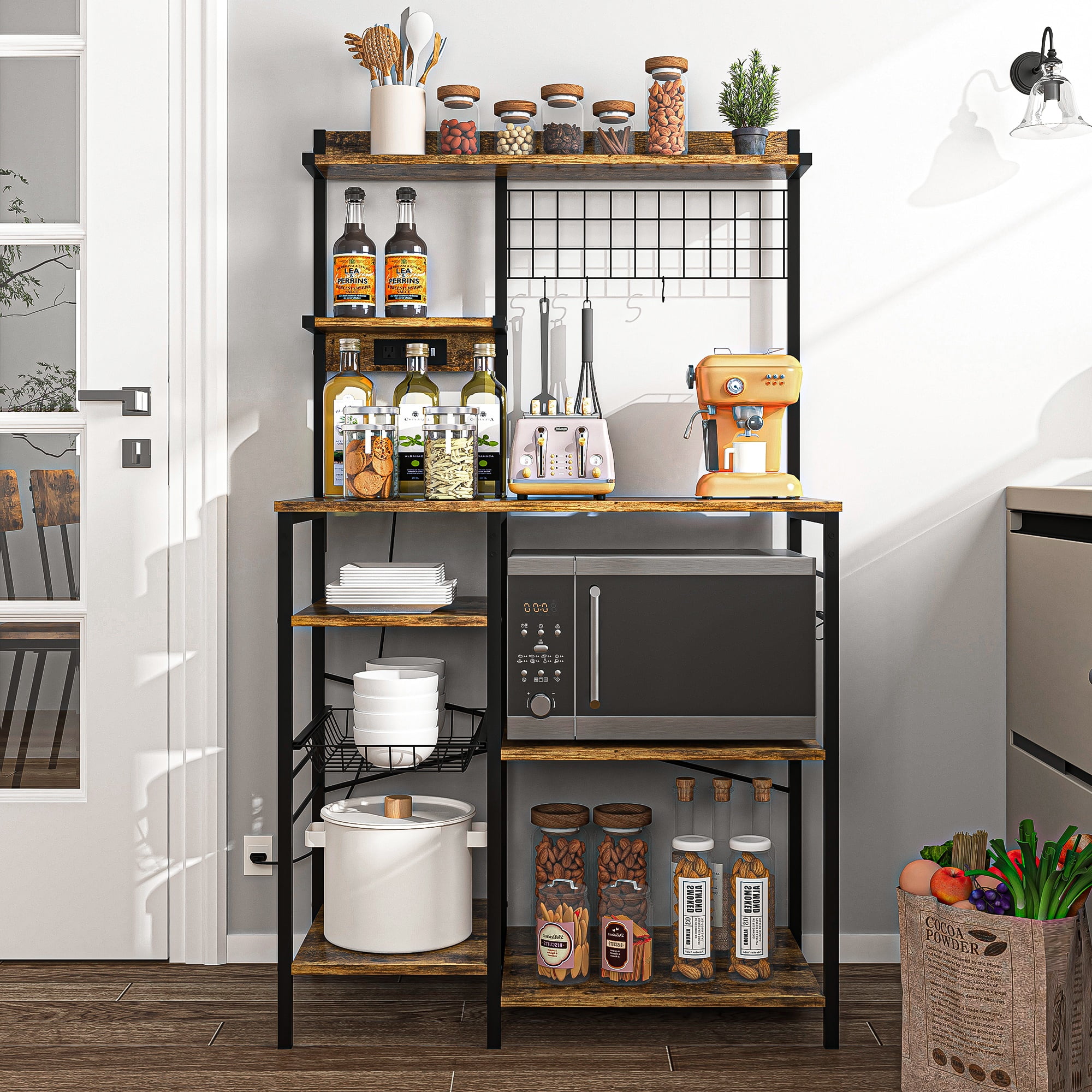 Topcobe, Multifunctional Kitchen Shelf With Self-charging Plate With 8 Removable Hooks, Pull-out Metal Fruit Basket, Brown