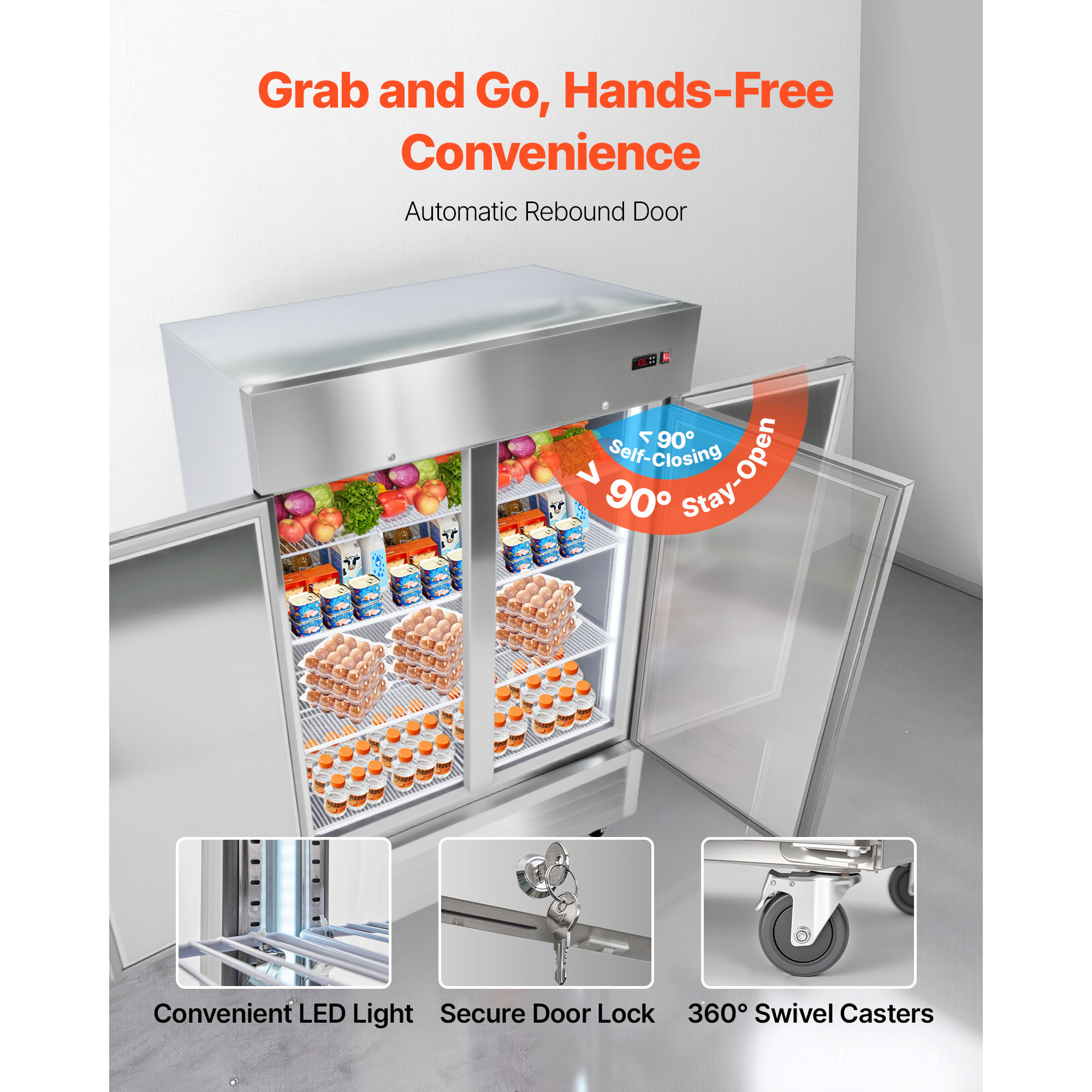 KFFKFF Commercial Stainless Steel Double-Door Refrigerator, 54" Wide, 44 Cu.Ft Capacity, Adjustable Temperature Range 32-50℉, Auto-Defrost with 8 Shelves, ETL Certified