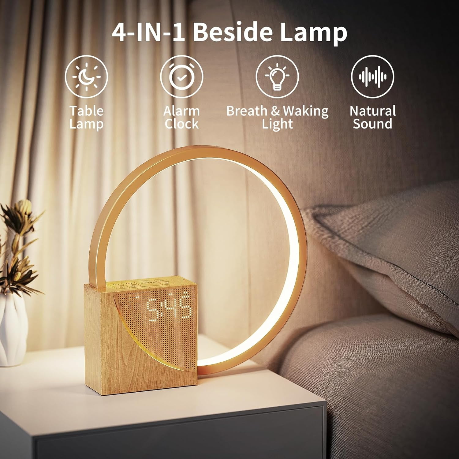 LED Bedside Lamp with Alarm Clock, USB Charging Ports, Touch Dimmable, Wake Up Light with Two Alarms, 10 Natural Sounds for Adults and Children, 3 Levels Brightness for Bedroom, Living Room, Office