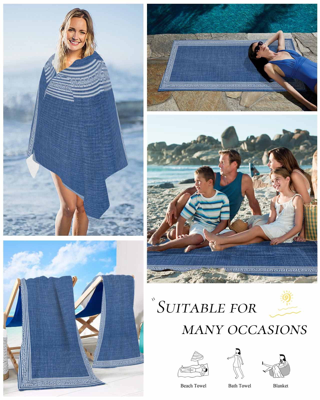 Dark Blue Retro Greek Key Beach Towels Oversized Super Absorbent, Geometric Greece Ancient Rustic Lightweight Bath Towel Quick Dry Sets For Bathroom/Pool/Rv Camping/Beach Play/Gym Room/Picnic 30"x60"