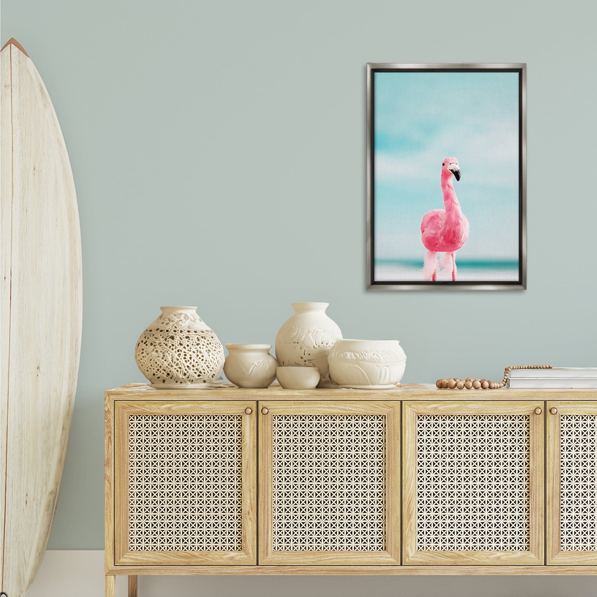 Stupell Industries Funky Summer Flamingo Nautical & Beach Photography Gray Floater Framed Canvas Art Print Wall Art, 21 x 31