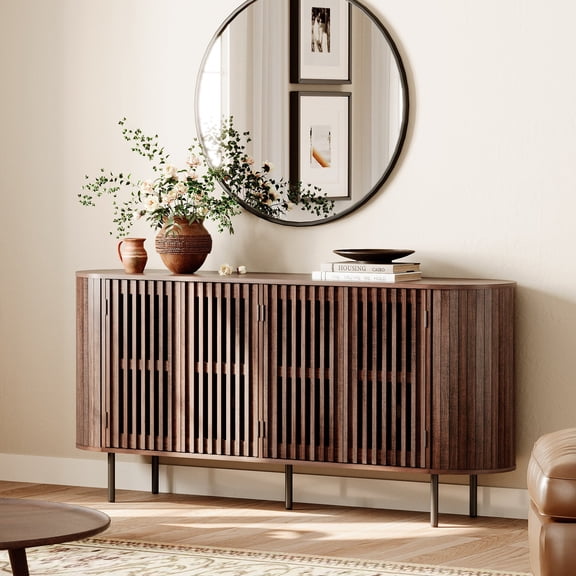 WAMPAT 64" Coffee Bar Cabinet, Storage Cabinet with 4 Fluted Doors, Sideboard Buffet Cabinet with Curved Design, Kitchen Cabinet for Kitchen Dining Room, Walnut