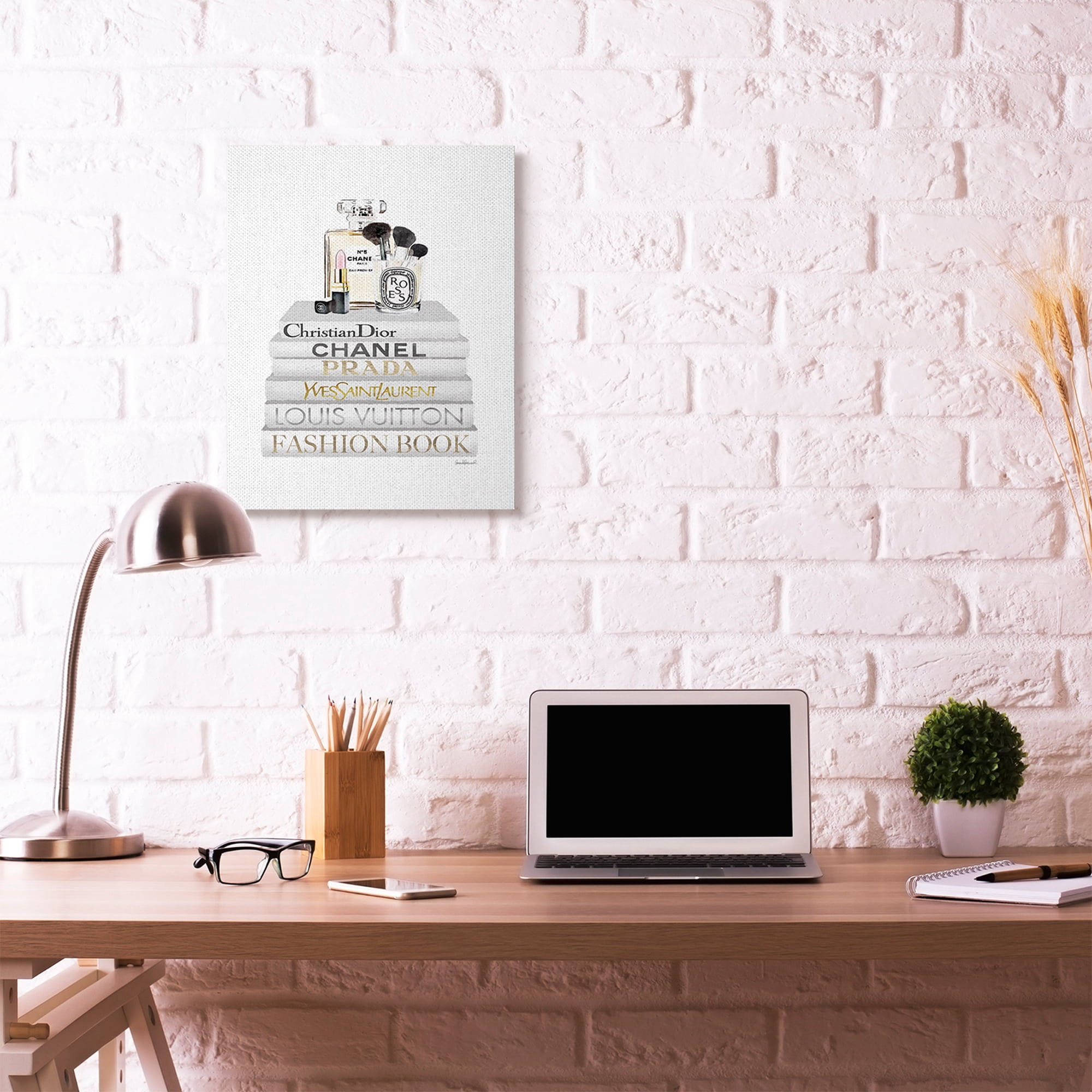 Stupell Industries Fashion Designer Makeup Bookstack White Gold Watercolor Canvas Wall Art by Amanda Greenwood