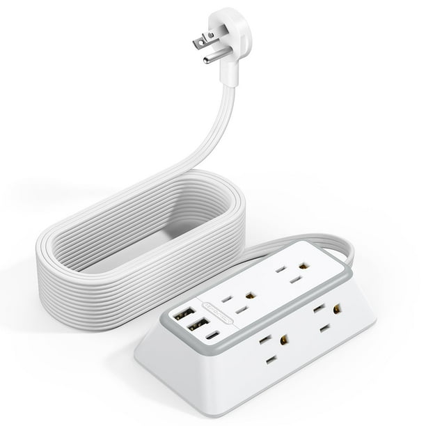 NTONPOWER Tiras de alimentación Enchufe plano con protección contra sobretensiones, cable de extensión montable con USB C, protector contra sobretensiones cable de extensión largo, blanco