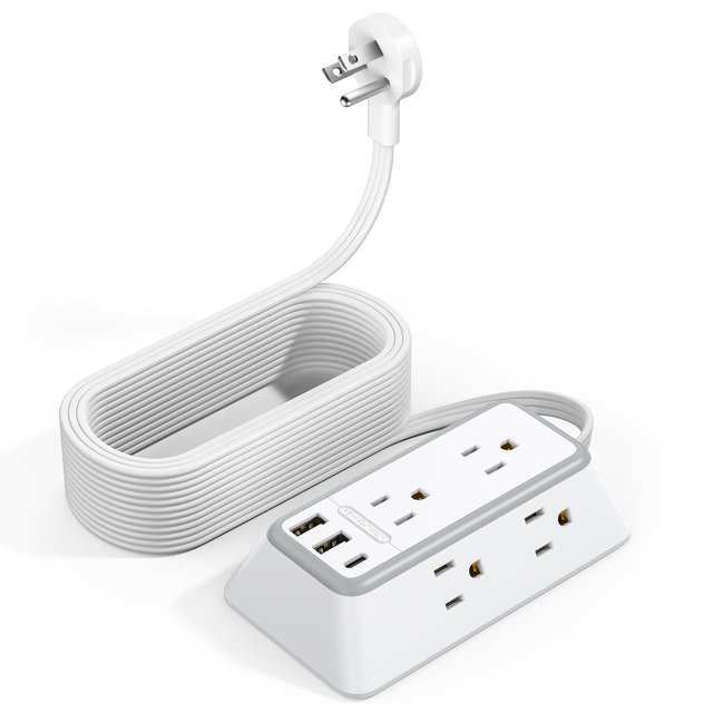 NTONPOWER Tiras de alimentación Enchufe plano con protección contra sobretensiones, cable de extensión montable con USB C, protector contra sobretensiones cable de extensión largo, blanco