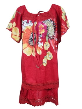 Women Summer Gypsy Dresses, Boho Red Floral Printed Loose Vintage 70s BEACH Dress ML
