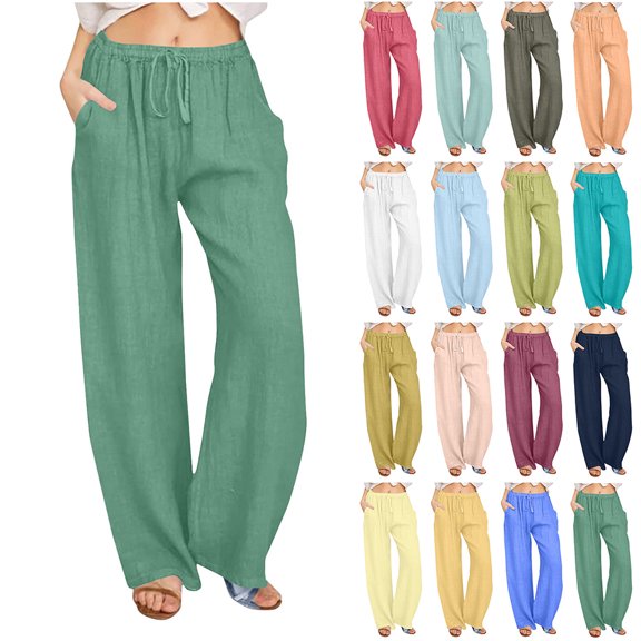 Otvok Women Linen Pants, Summer Flowy Pants for Women Solid Pants Straight Casual Long Wide Leg Trouser Pants Drawstring Trousers