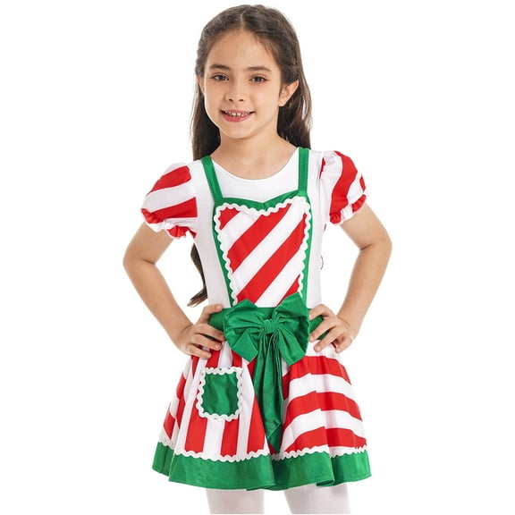 inhzoy Kids Girls Little Helper Dress-Up Christmas Candy Striped Bubble Tutu Dance Dress White 10