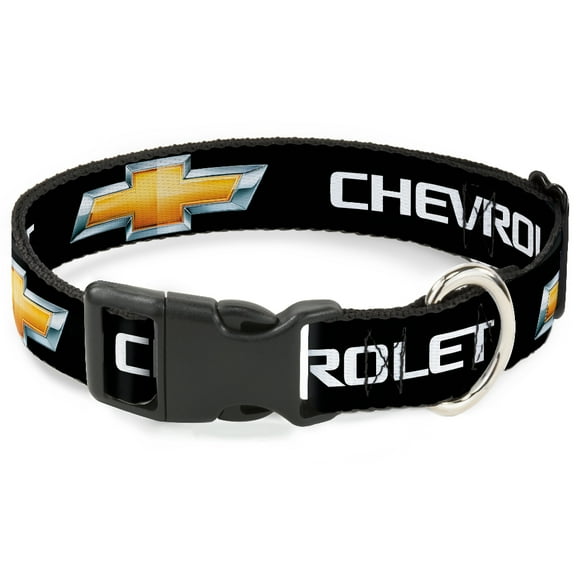 GM General Motors Pet Collar, Dog Collar Plastic Buckle, Chevrolet Bowtie Black Gold White, 7 to 8.5 Inches 0.5 Inch Wide