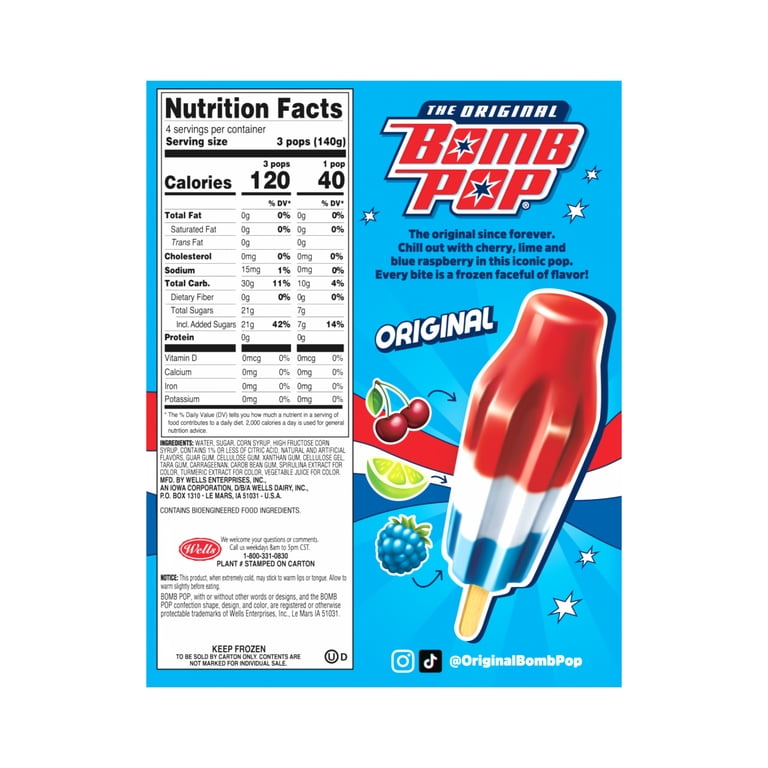 Bomb Pop Original Freeze Ice Pops, Frozen Dessert, Cherry, Lime, & Blue Raspberry, 12 Pack - Walmart.com Bomb Pop Original Freeze Ice Pops, Frozen Dessert, Cherry, Lime, & Blue Raspberry, 12 Pack - Walmart.com
