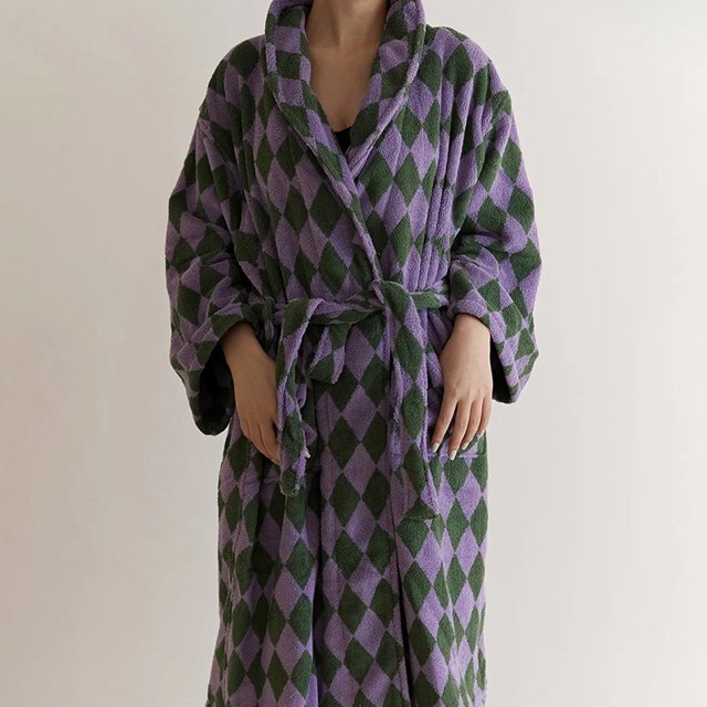 Retro Plaid Cotton Bathrobe Super Soft Absortion Hooded Loose bath Robe Coat Towel V Neck warm Sleepwear Robes Women Homewear