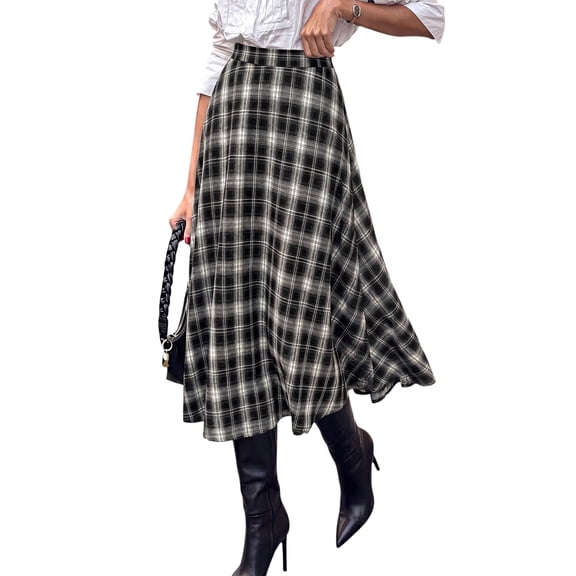 EANJE Midi Plaid Skirt for Women Button Detail Casual Flared Vintage High Waist A Line Mid-Length Tartan Skirts Black S