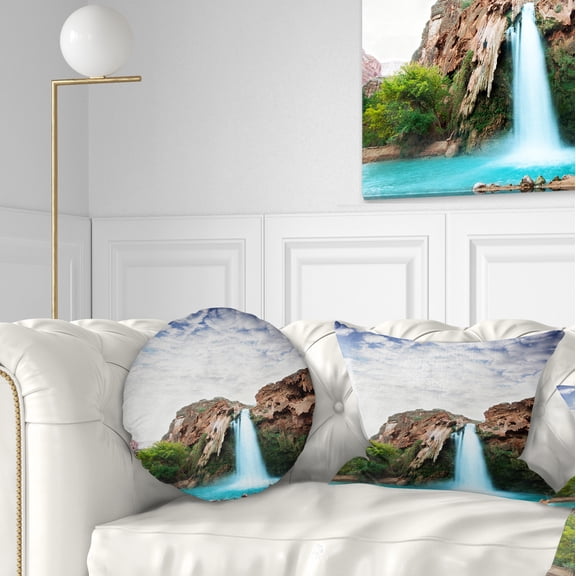 Designart Amazing Waterfall under Cloudy Sky - Landscape Printed Throw Pillow - 12x20