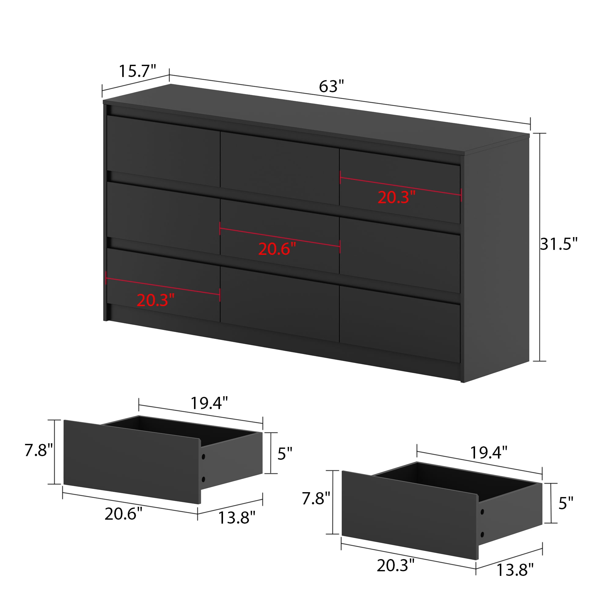 MONSLIPA 9 Drawer Chest of Drawers, Modern Wooden Storage Dresser for Bedroom Hallway, Black