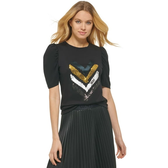 Puffed Sleeve Embellished Top Black Multi XS