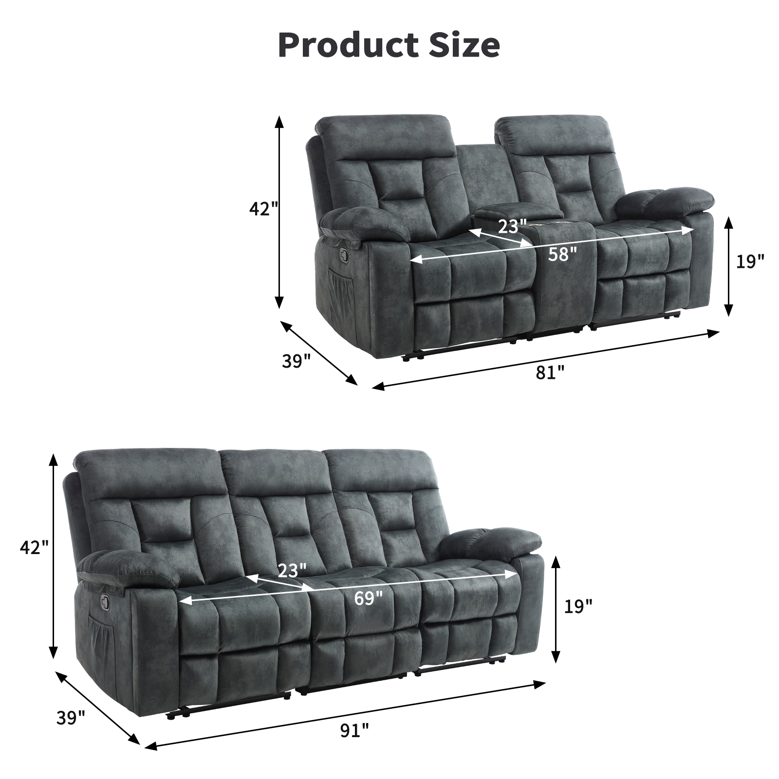Bonzy Home 2-Piece Recliner Sofa Set — Reclining Loveseat & Extra-Wide 3-Seat Bonded Fabric Sofa, Grayish Green
