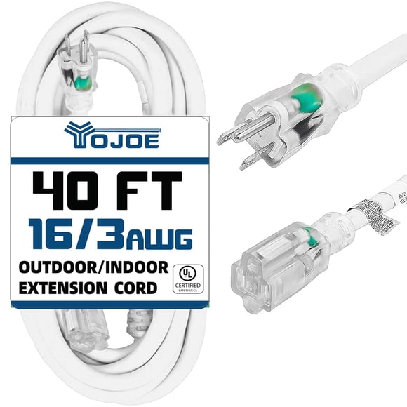 Cable de extensión YOJOE de 40 pies, calibre 16, 3 clavijas, 13 A, SJTW, blanco